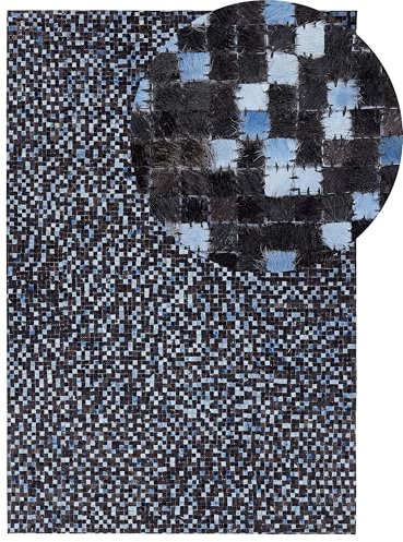 Alfombra de piel genuina de vaca marrón y azul rectangular 140 x 200 cm patchwork boho Ikisu