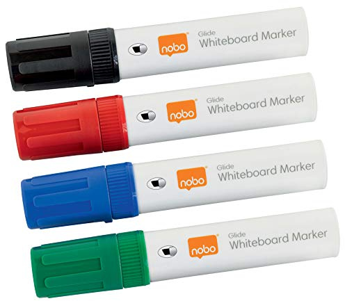 Nobo Glide Pennarelli per Lavagna Bianca Cancellabili a Secco, Punta a Scalpello Larga 10 mm, Confezione da 4, Colori Assortiti, 1915393