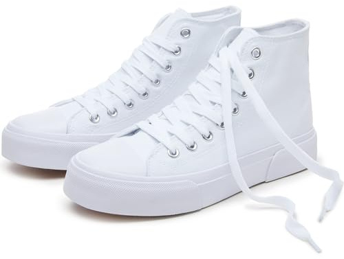 hash bubbie High Top Sneakers for Women Classic High Tops Canvas Shoes Lace up Women's Fashion Sneaker(White Mono,US11W/US9M)