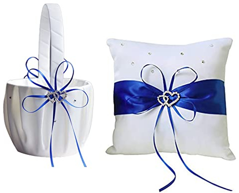 MISNODE Set di 2 cuscini per fedi nuziali, cuscino porta anelli e cestino per damigelle nuziali, sacchetto regalo in raso bianco con doppio cuore strass, blu
