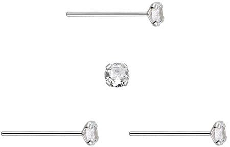 3 Orecchini a lobo, barra dritta in argento, con zircone rotondo e brillante, 2 mm, barra sottile da 0,6 mm, argento sterling