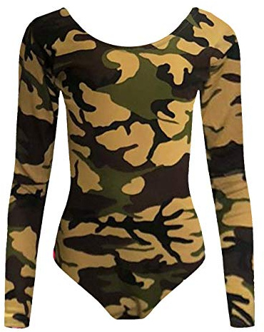 ANZEE - Body da ginnastica da ragazza, con stampa militare, a maniche lunghe, in microfibra elasticizzata, per bambini alla moda (3-13 anni), Mimetico, 7-8 Years
