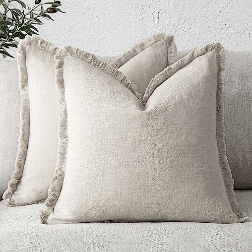 Foindtower Set of 2 Decorative Linen Fringe Throw Pillow Covers Cozy Boho Farmhouse Cushion Cover with Tassels Soft Accent Pillowcase for Couch Sofa Living Room Home Decor, 26×26 Inch, Natural Beige