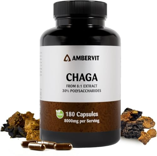 Chaga Pilz Kapseln 8000mg - 180 stück - 30% bioaktive Polysaccharide - Hochdosiert Dual Extrakt aus dem Fruchtkörper - Inonotus Obliquus aus Wildsammlung von Nordeuropa Birken - Ambervit