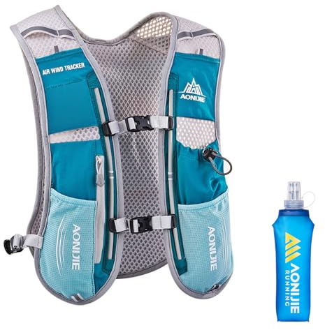 TRIWONDER 5 l dryckesryggsäck, ultralätt löpväst, löpryggsäck med 1,5 l drickbubbla eller 500 ml flaska cykelryggsäck för löpning, maratoncykling (ljusblå – med 500 ml flaska, en storlek)