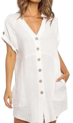 Women's Dresses V Neck Short Sleeve Midi Dresses Summer Shirt Tunic Dresses Button Down Beach Cover Up Solid Elegant Party Dress Knee Length Shift Dress Holiday Mini Dress with Pocket White