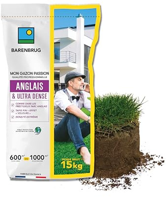 BARENBRUG - Gazon Anglais et Ultra dense - Aspect Prestigieux Parcs Anglais - Tapis Dense Effet velours - Densité Extrême - Faible Production de Déchets de Tonte - Fabriqué en France - 15KG