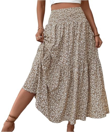 Sommerrock Damen Leicht Und Luftig Sommer Bohemien Druck Maxi Rock Damen Rock Elegant Hohe Taille Maxirock Sommerkleid Casual Maxi Skirt Lang Boho Röcke（8-Khaki，L）