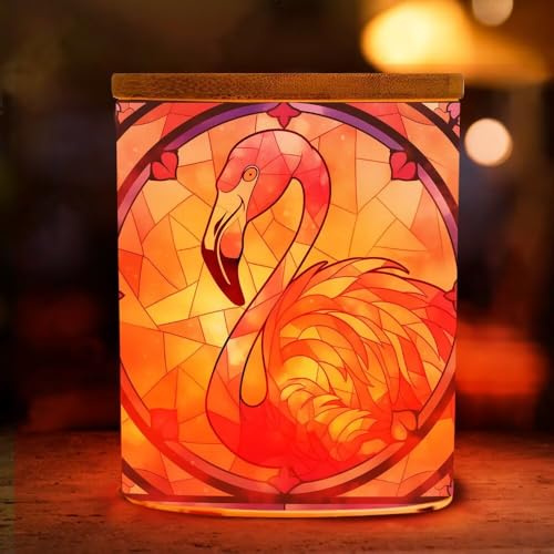 Flamingo Pattern Printing Glass Jar with LED Candle Table Lamp Stained Glass Desk Lamp Cylindrical Tealight Holder 2.8D x 3.5H inches