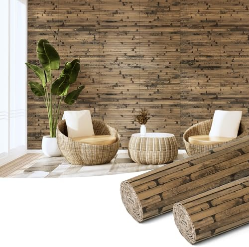 Art3d Natural Bamboo Wall Panel for Interior Decor, Renewable Pole Wrap Wainscoting Paneling for Wall Ceiling Furniture Cabinet Office, 12 x 96 Inch, 2-Pack - Dark Burned