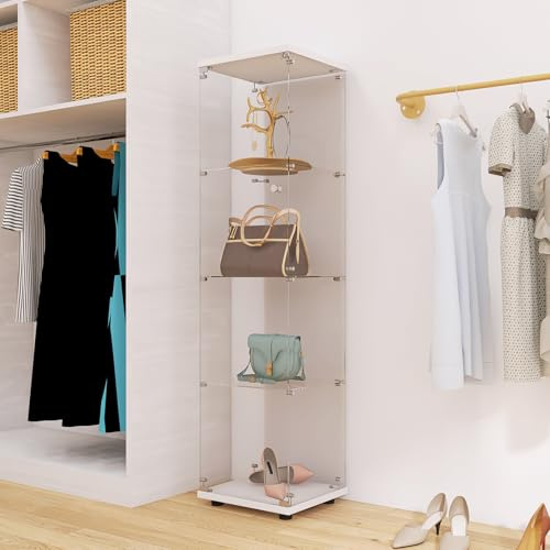 KeepGoon Moderna vitrina de cristal con cuatro estantes, vitrina de almacenamiento de vidrio, exclusiva librería independiente, adecuada para salón, dormitorio y oficina (blanco)