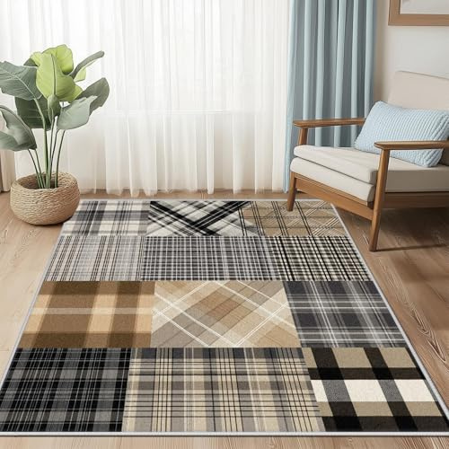 UUZEAI Vintage lapptäcksmatta 60 x 110 cm för sovrum, tvättbar, khaki och svart, halkfritt klassiskt rutigt mönster, perfekt för entré, vardagsrum och veranda