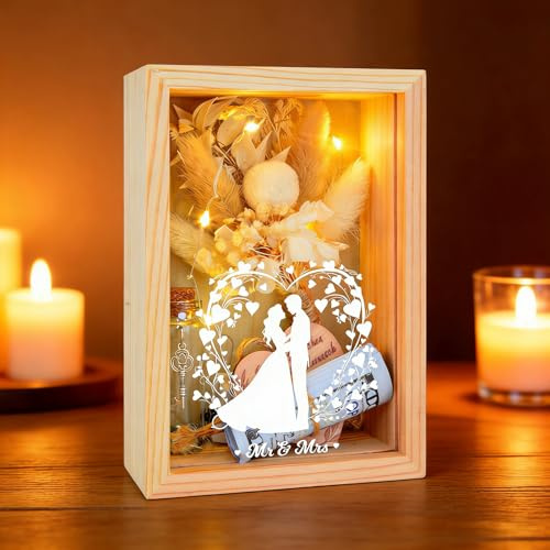 Caja Regalo Boda para Noviosm, Caja de Madera Portadinero con Flores Secas, Botella de Vidrio Decorativa, Corazón de Madera y Guirnalda de Luces LED, Idea Regalo Matrimonio y Aniversario (Boda)
