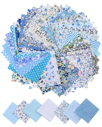 UYRVAPE 50pcs Tissus Coton Couture, 10 x 10 cm Tissus En Coton Bricolage, Motif aléatoire, Doux et Durable Patchwork Tissu pour Quilting, Couture, Bricolage, Masques, Décoration Intérieure, Bleu
