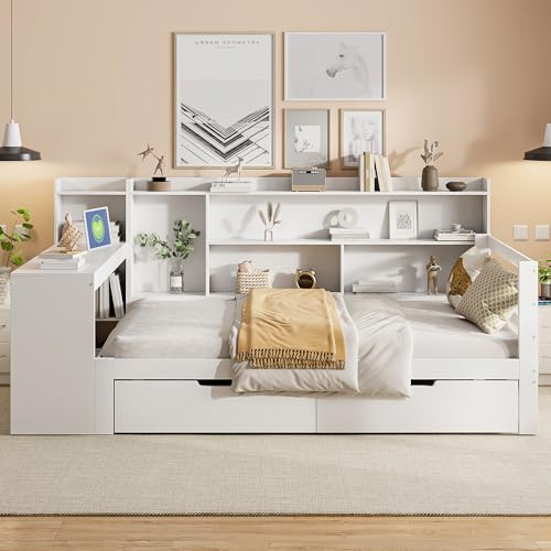 Yihomfy Divano letto 200 x 90 cm, letto panca con scomparti portaoggetti, 2 cassetti sotto il letto, scrivania, tavolo da notte incorporato, ideale per studio, adolescente (bianco)