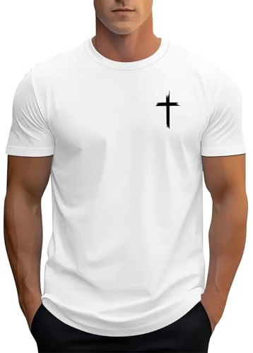 Men's T-Shirt with Small Cross Print Summer Print T-Shirt Casual Breathable Crew Neck Short Sleeve Shirt for Christian Faith Streetwear Basic Vest Comfortable Casual Shirts Gifts