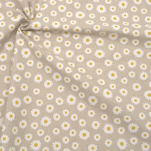 STOFFKONTOR Dekostoff bedruckt Halbpanama Leinen Optik Gänseblümchen - Öko-Tex Standard 100 - Meterware, Farbe Natur - zum Nähen von Tischwäsche, Kissen, Vorhängen, Dekoartikeln uvm.