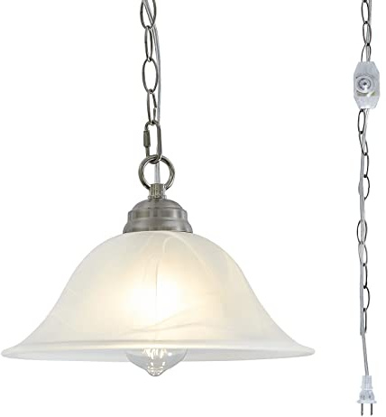 SHENGQINGTOP Plug in Pendant Light Alabaster Glass Shade Hanging Lamp with On/Off Switch,16.4Ft Cord & 14.7Ft Chain Dimmable Brushed Nickel Swag Light Fixture for Kitchen Sink Bar Nook Farmhouse