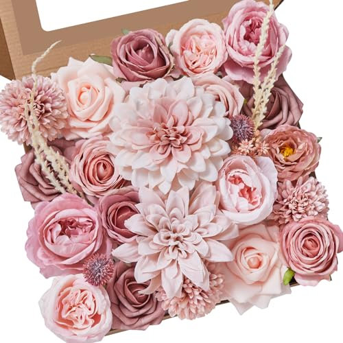 Alecono Artificial Flowers, Dusty Pink Silk Fake Flowers for DIY Wedding Bridal Bouquets, Wedding Cake Flowers for Table Centerpieces Baby Shower Birthday Party Home Decorations