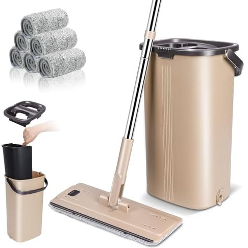 Myiosus Set di mocio e secchi, secchio piatto per mocio con 6 panni in microfibra lavabili e manico in acciaio inossidabile da 134 cm, per pulire pavimenti con secchio, per pavimenti in legno,