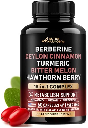 Berberine with Ceylon Cinnamon | Bitter Melon (Karela) | Apple Cider Vinegar | Hawthorn Berry | Citrus Bergamot | Turmeric - 15-in-1 Supplement for Heart Support, Metabolism & Energy - 60 Capsules