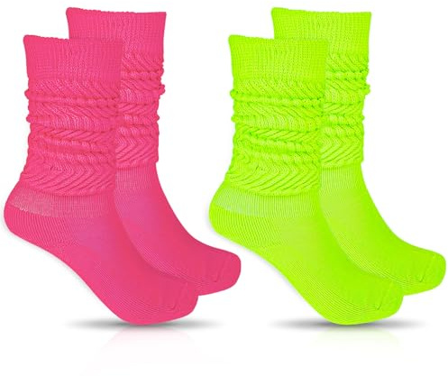 Telooco 2 Pares Calcetines Largos Neón Calcetines Casuales para Mujer Neón Medias Leggings Años 80 Calcetines de Tenis Calcetines Extra Largos Apilados Calcetines Altos Tallas 9-11 (Verde, Rosarojo)