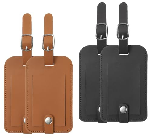 PATIKIL 4 Pack Luggage Bag Tags, PU Leather Suitcase Name Tags with Snap Travel Label Luggage Identifier Privacy Protection Travel Accessories, Black Brown
