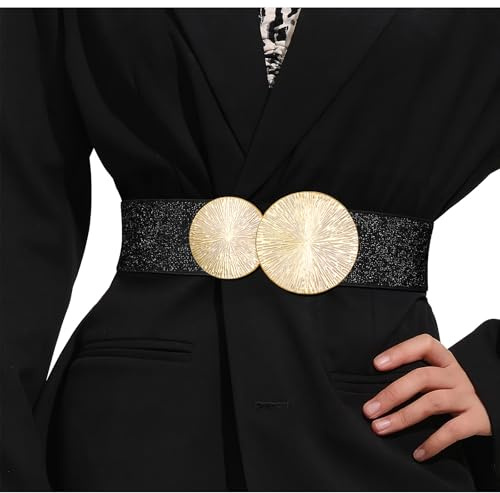 VONMELLI Cintura Elastica Donna con Fibbia Grande Dorata per Abiti Vintage Retrò Nero M