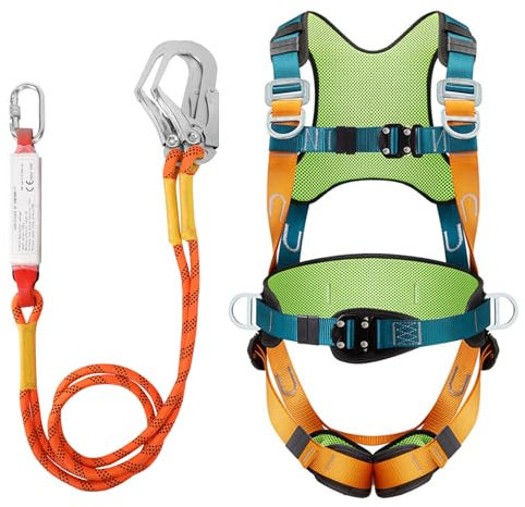 WingFly Fallschutz Auffanggurt, Absturzsicherung Sicherheitsgurt Set 5 Punkt Vollkörper Auffanggeschirr, mit 2 Haken, Max 150kg, Fallschutz Sicherheitsseil mit Puffer für Arbeiten in der Luft (A)