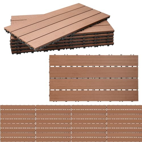 Randaco WPC terrassplattor, 30 x 60 cm, set om 36 för 6 m², träutseende, plastplattor, klickplattor, balkongplattor med dränering, för trädgård, terrass, lätt att installera, brun