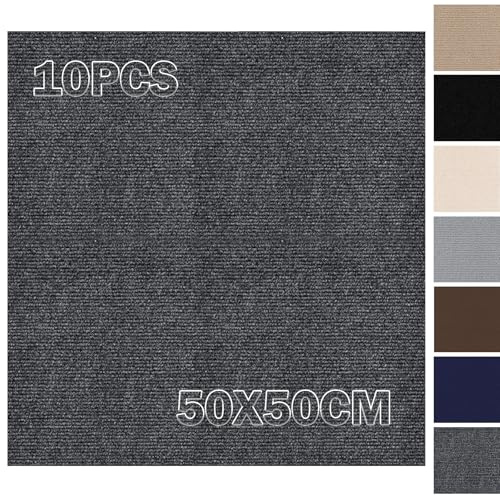 Mattplattor 50 x 50 cm självhäftande – 10 stycken set – 0,9 m² – mattplattor självhäftande, matta med baksida, matta för att klippa för lägenhet, hus, sovrum, mörkgrå