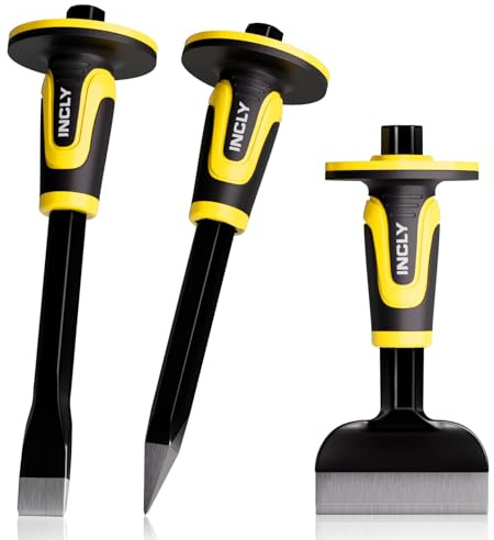 INCLY 3PCS Masonry Chisel Set with Hand Guard, Stone and Rock Chisel, Heavy Duty Concrete Chisel Tools Including 11 Inch Point & Flat, 8 Inch Brick Chisels for Breaking Splitting Cutting