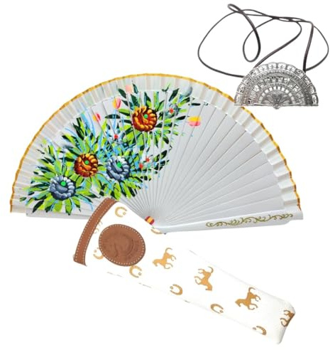 Abanico Plegable de Madera con Flores Pintadadas a Mano con Funda y Cuelga Abanicos. Funda de Lona con Crermallera y Cuelga Abanico Metálico (Jardín Cítrico)