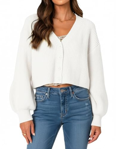 Navneet Women Chunky Knit Cardigan Cropped Cardigan Sweaters Button Down Long Sleeve Crop Sweater Cozy Cardigans Fall Outfits White M