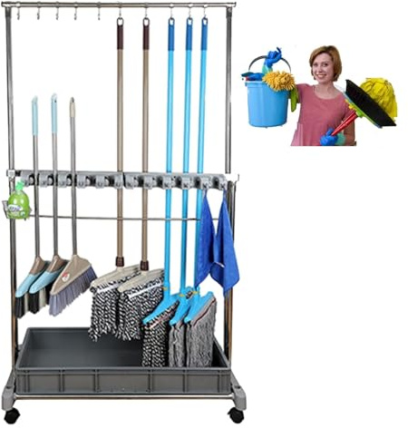 Support de balai à franges – Chariot à outils de nettoyage sur pied avec roulettes pour le stockage des fournitures de nettoyage et outils de jardin – Idéal pour les hôtels et les écoles