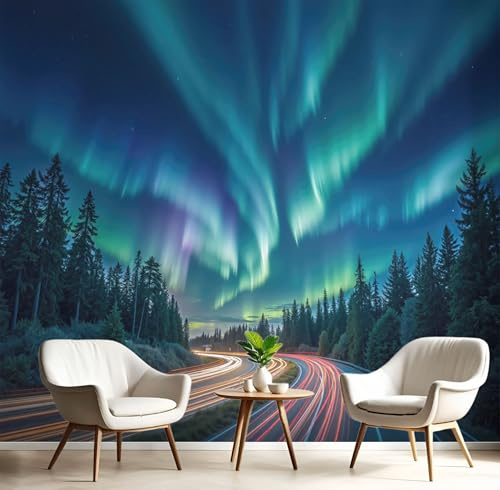 Papel Tapiz Fotográfico 3D Bosque De Auroras De Ensueño Mural Cian Paisaje Natural Fotomurales Para Habitación Infantil Salon Dormitorio Oficina Murales Decorativos Pared 200X140Cm
