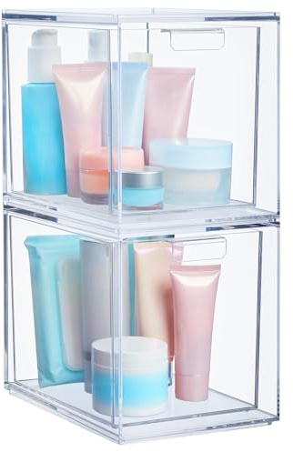 STORi Audrey Stackable Bin Clear Plastic Organizer Drawers | 2 Piece Set | Organize Cosmetics and Beauty Supplies on a Vanity | Made in USA