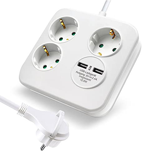 ExtraStar 3-Fach Steckdosenleiste mit 2 USB Ladegerät(5V/2.4A) und Flacher Stecker,Strom Sparen Mehrfachsteckdose mit Kindersicherung,1.5m,Weiß