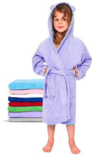 Twinzen - Kinderbademantel Mädchen oder Junge - 100% Baumwolle Ohne Chemikalien OEKO-TEX® - 2 Taschen, Gürtel, Kapuze mit Ohren - 7-8 Jahre, Lila, Size4
