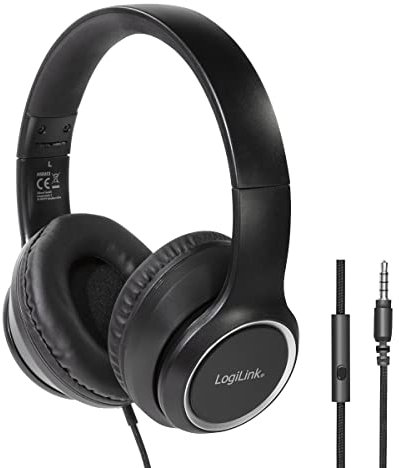 LogiLink HS0053 Stereo Headset mit Mikrofon, mit integrierten Bedienelementen, weichen Over-Ear-Ohrpolstern und leicht einstellbaren Kopfbügeln Schwarz Normal