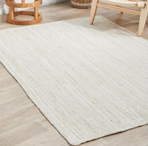 The Knitted Co. 100% Jute Area Rug 6x9 Feet Approx- Braided Design Hand Woven Dyed Off-White Natural Fibers Carpet - Home Decor for Living Room Hallways (6' x 9', Off-White)