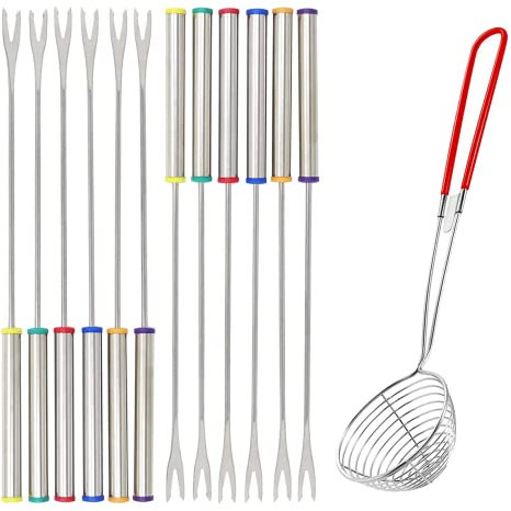 通用 Forchette da Fonduta in Acciaio Inox 9.4 Pollici 6 Colori per Formaggi Carne Cioccolato Dessert Marshmallows con Cucchiaio Strainer (12)