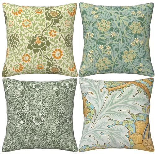 HOSTECCO Vintage Floral Cushion Covers 45x45 cm Pack of 4 Botanical Flowers Printed Pillow Cases Square Decorative Cushion Covers for Sofa Couch Office