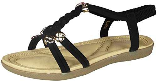 LoudLook Ladies Strappy Sandals Open-Toe Elastic Flat Heel Casual Comfy Cushioned Summer Beach Sandals Sizes Black 8