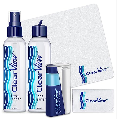 Clear View Lens Cleaner Kit | 2 x 8oz Bottles, 1 Travel Spray (1oz), 3 Premium Microfiber Cloths | Safe for All Lenses, Coatings & Screens
