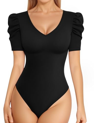 MANGOPOP Women's Bodysuit Deep V Neck Puff Short Sleeve Slim Fit Body Suits Casual Blouse Tops Elegant, Black, Medium