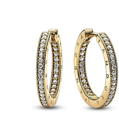 PANDORA Signature Logo & Pavé Ohrringe aus Sterling Silber mit vergoldeter Metalllegierung, Zirkonia, Höhe: 20,6mm, 262738C01