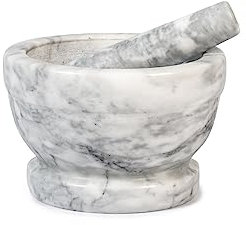 H&H– Mortaio in Marmo Naturale Chiaro con Pestello, Ø18 cm, Robusto ed Elegante, Ideale per Spezie, Erbe, Pesti e Salse, Superficie Interna Grezza per una Macinatura Perfetta