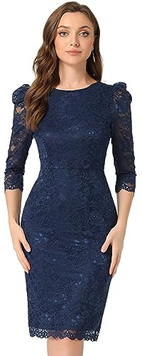 Allegra K Robe Cocktail Femme Élégante en Dentelle Florale à Manches 3/4 Robe Fourreau de Business Robe Moulante pour Invité de Mariage Bleu foncé XL