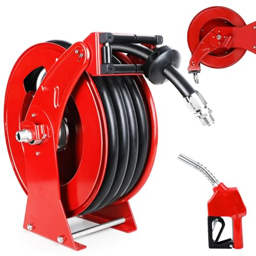 3/4 Inch Retractable Diesel Fuel Hose Reel 50ft with Fueling Nozzle, 300 PSI Commercial Fuel Transfer Tank Hose/Line Working with Electric Pump Refuel for Tanker Truck Boats Farm Cart Trailer